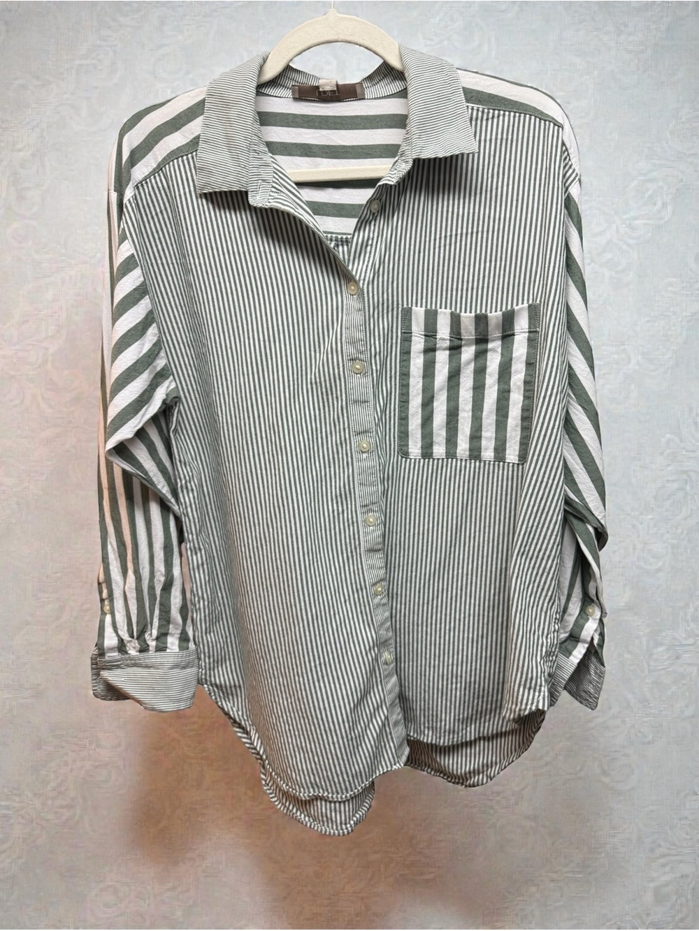 LOFT Mixed Stripe Button Down Shirt M Sage Green 90s Butter Mom Cottagecore